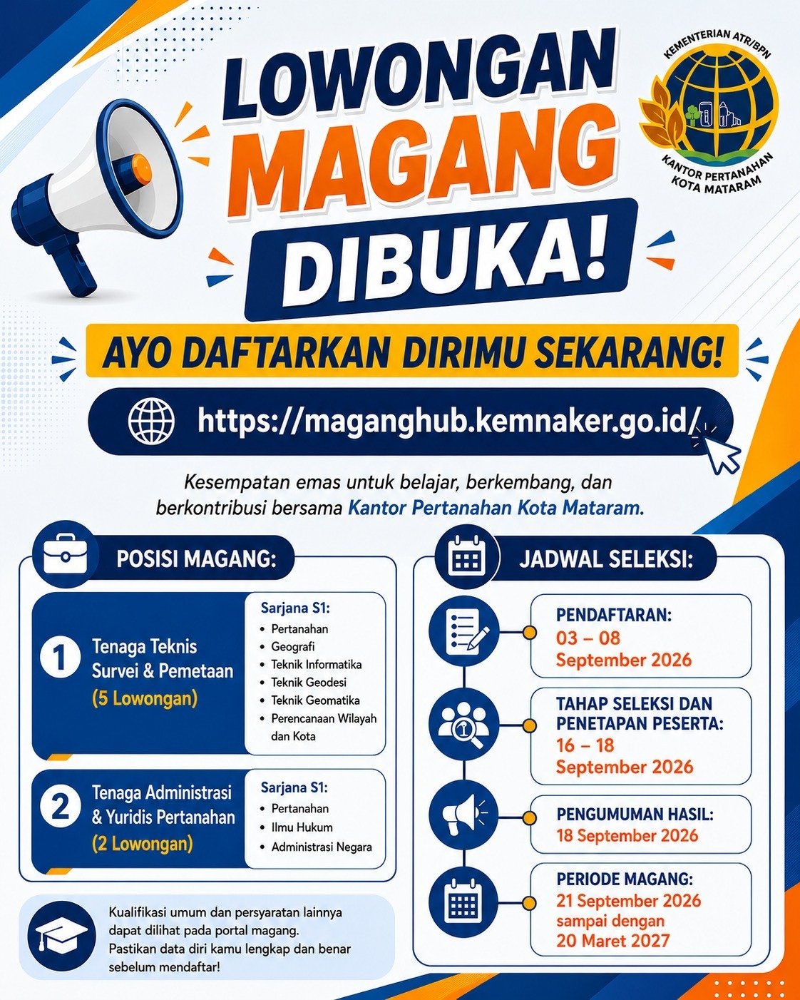 Kantor Pertanahan Kota Mataram Buka 7 Posisi pada Program Magang Nasional 2026